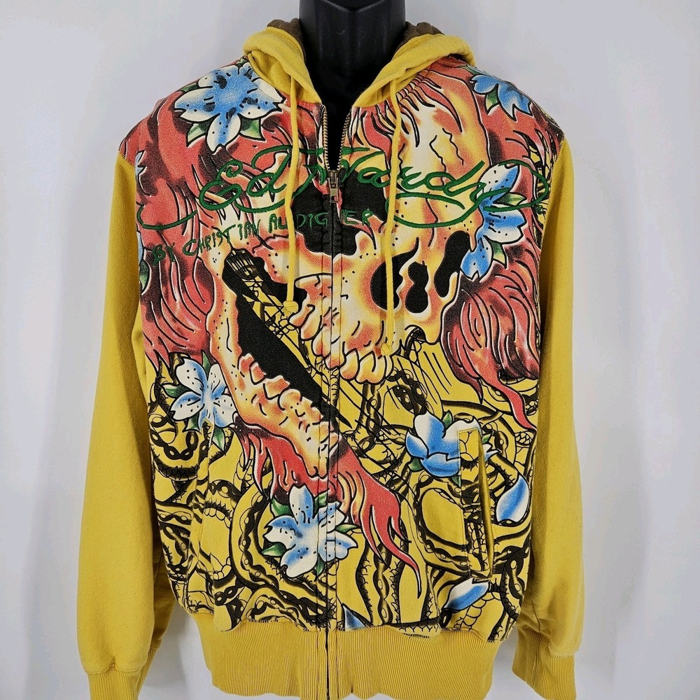 Vintage Rare‎ Ed Hardy Christian Audigier Yellow Zip Hoodie Skull Size Large